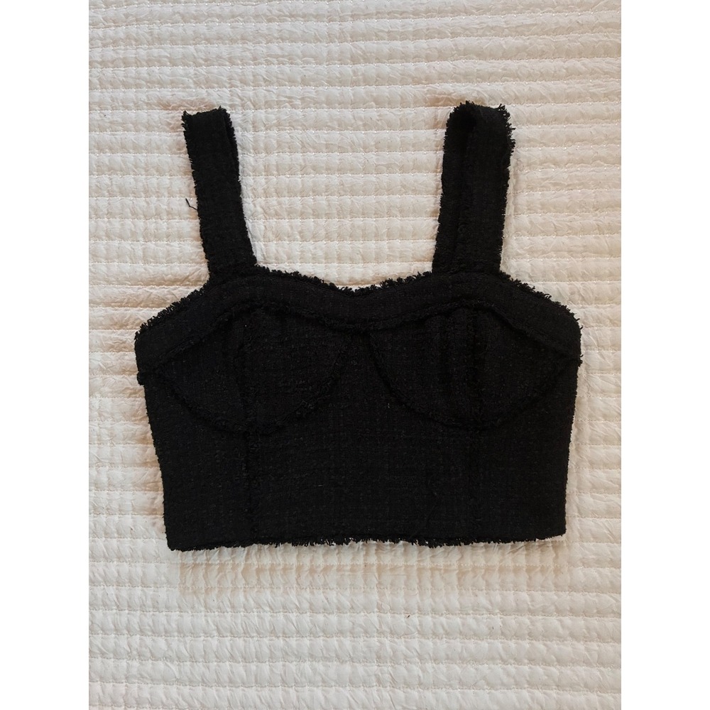 Line & Dot Black Tweed Bustier Top Sweetheart Fringe Boucle Tank L Minimalist